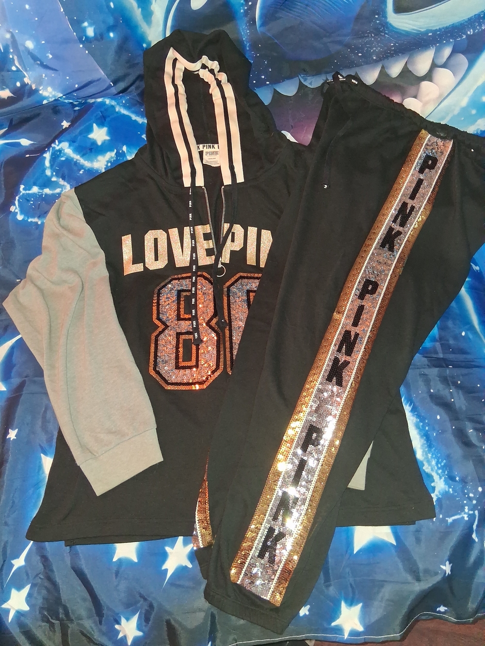 Victoria's Secret PINK Black And Grey Hoodie With Joggers  With Sequin. On Both